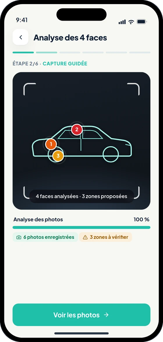 Écran d’analyse : les zones repérées apparaissent sur la silhouette du véhicule.