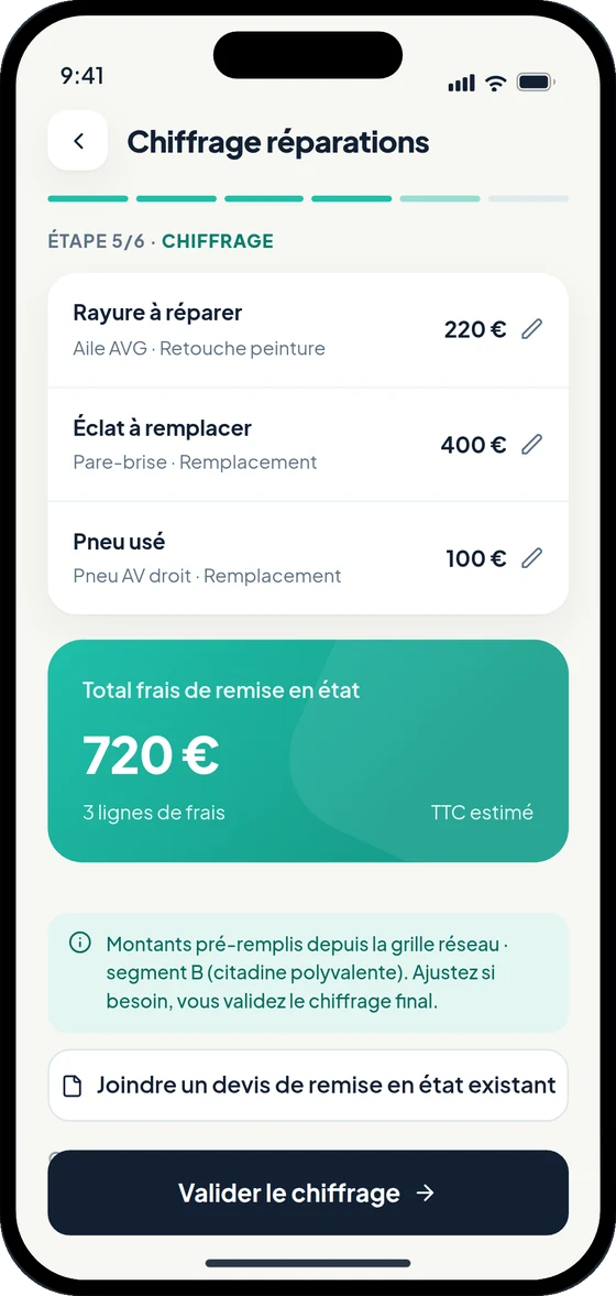 Écran de chiffrage : trois lignes de frais et le total.