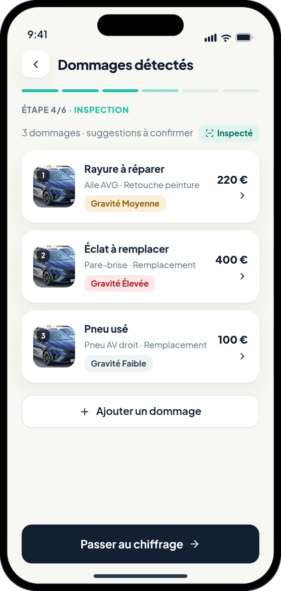 Écran des dommages détectés : trois dommages avec leur zone et leur gravité.